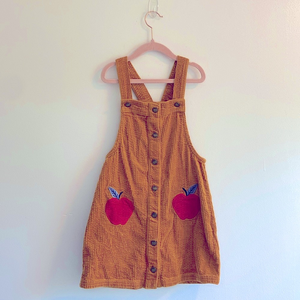 Tahari Mustard Corduroy Pinafore Dress with Red Apple Patches
